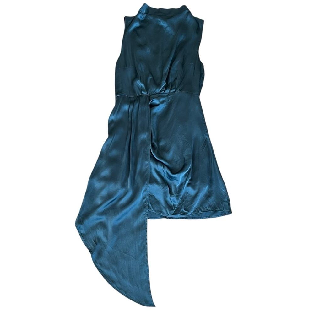 By Anthropologie Maeve Women’s Mock-Neck Draped Silk Teal Asymmetric Hem Dress 4 - Picture 2 of 12